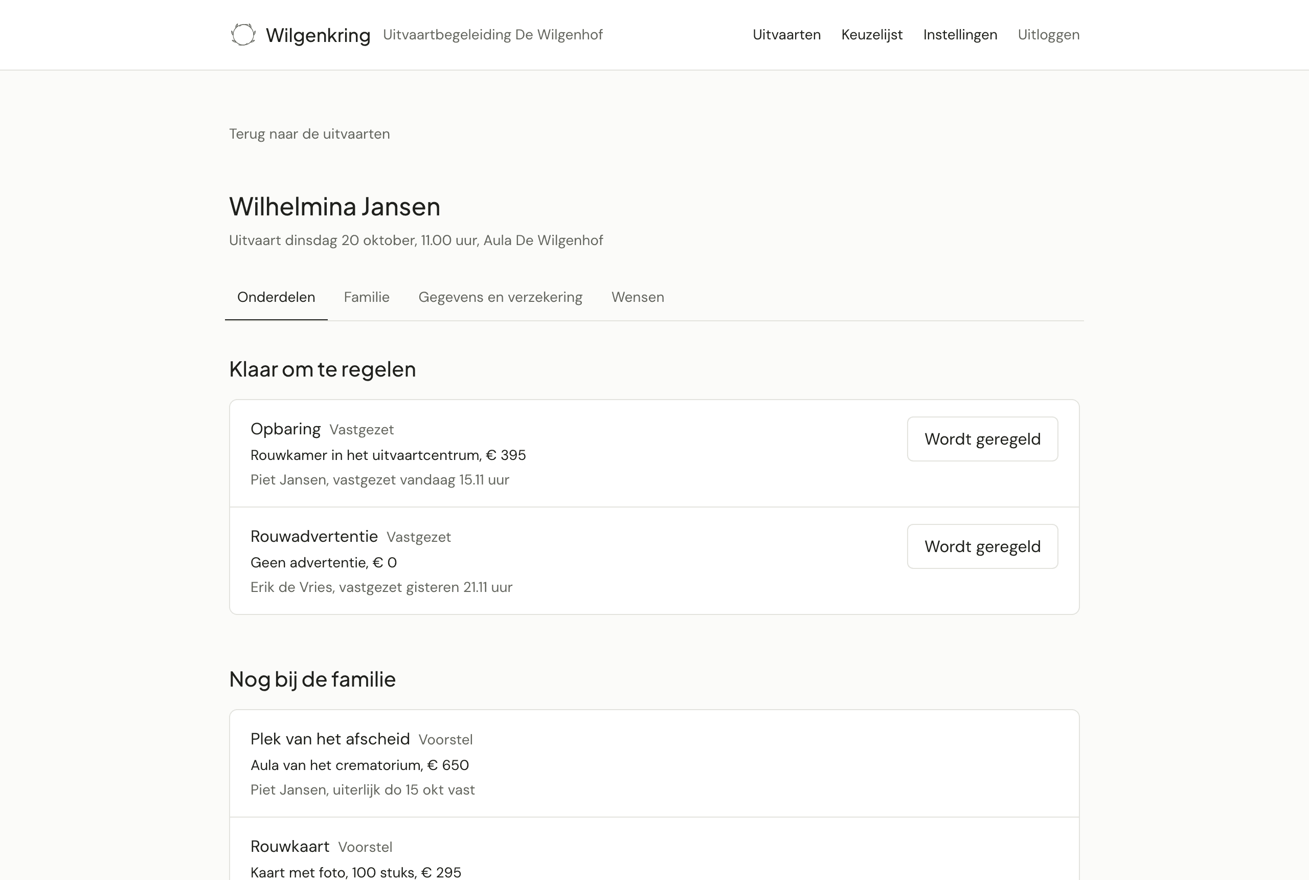 Het overzicht van de ondernemer: per uitvaart wat klaar is om te regelen en wat nog bij de familie ligt.